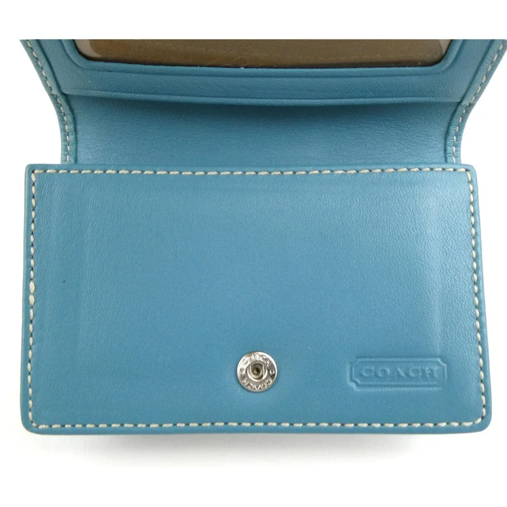 Coach Signature Khaki Teal Leatherware Bifold Card Case Wallet